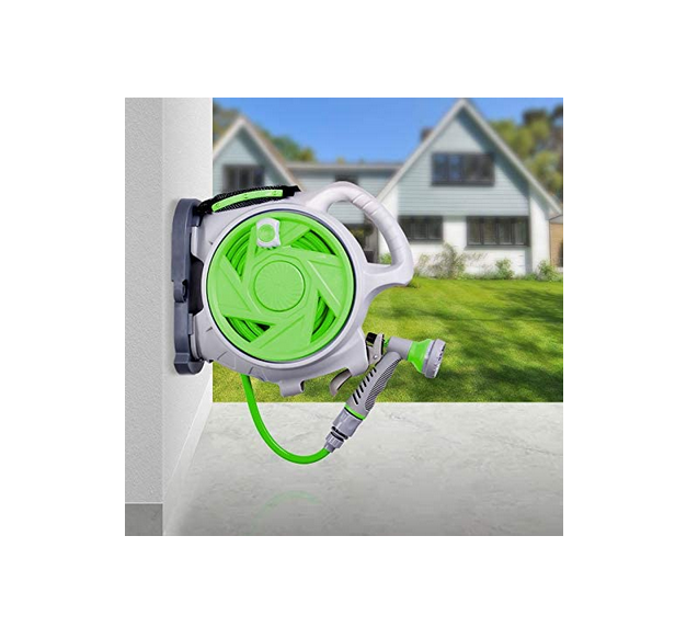 50FT Gartenschlauchtrommel, einziehbare Wasserschlauchtrommel mit 7 Wassersprühmustern, Wandhalterung, knickfrei und praktische Aufbewahrung (grün)