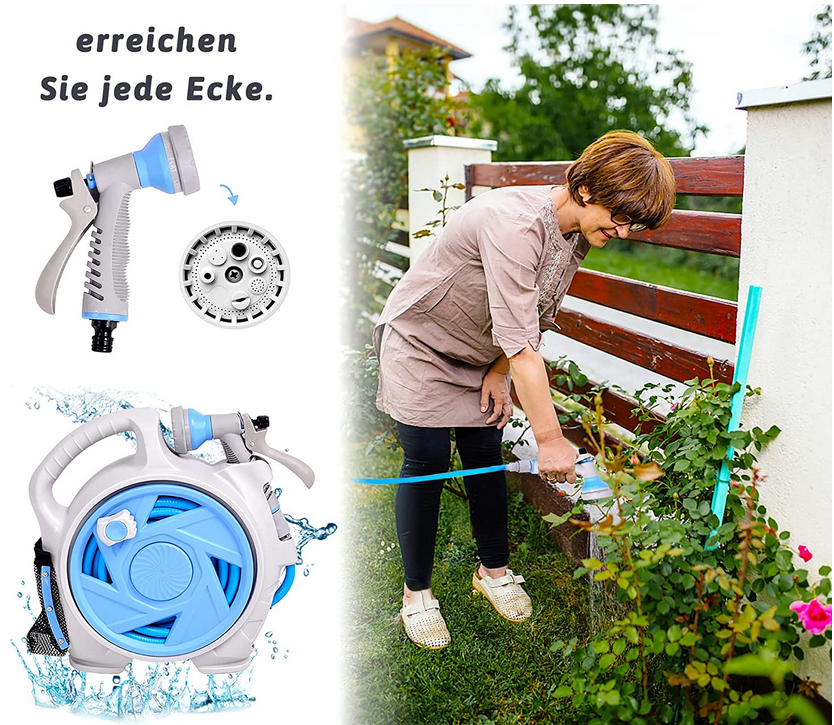 Kleine Gartenschlauchtrommel, einziehbare 50-Fuß-Wasserschlauchtrommel mit 7 Wassersprühmodi, knickfreie Wandhalterung und praktische Aufbewahrung (Mini, Blau)