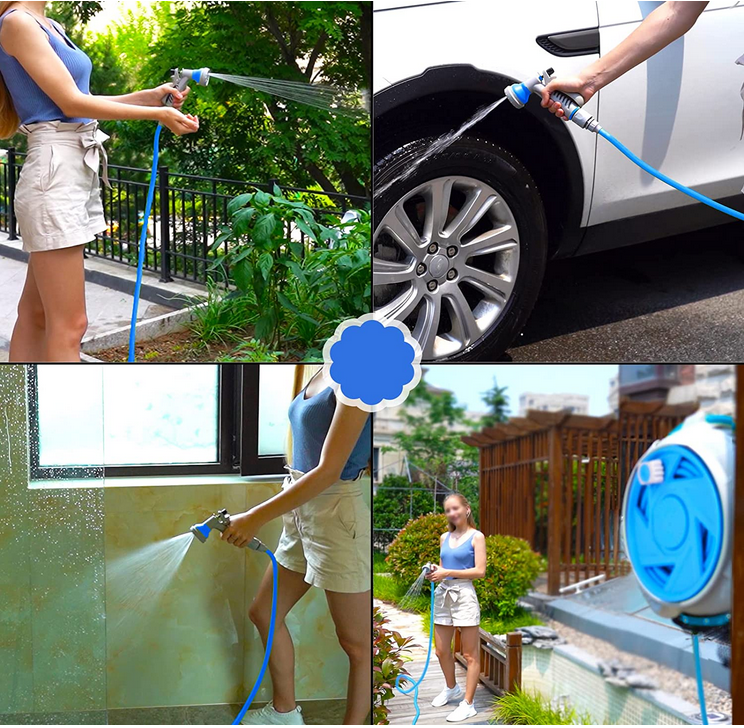 Kleine Gartenschlauchtrommel, einziehbare 50-Fuß-Wasserschlauchtrommel mit 7 Wassersprühmodi, knickfreie Wandhalterung und praktische Aufbewahrung (Mini, Blau)